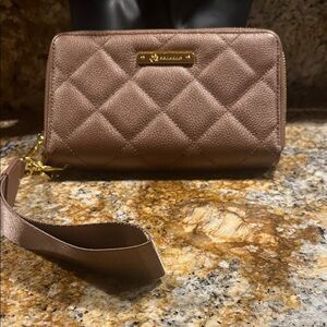 Joy Mangano Quilted Taupe Wristlet with Gold Accent